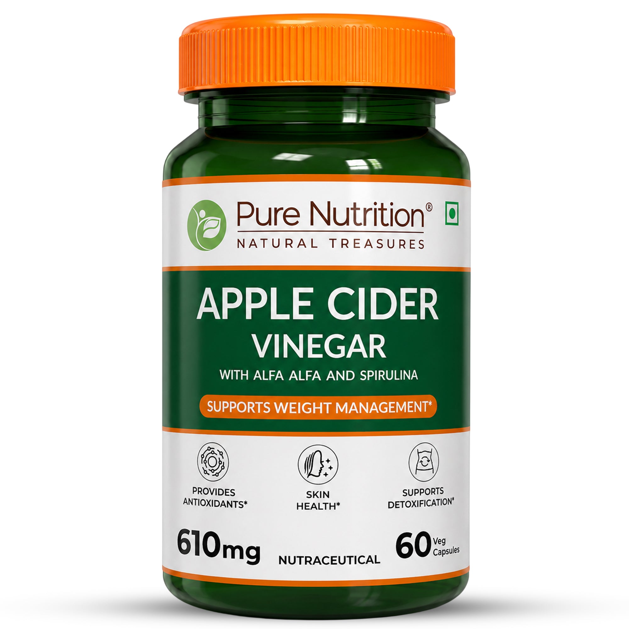 Pure Nutrition Apple Cider Vinegar with Wheatgrass & Spirulina - 60 Veg Caps Pack of 2