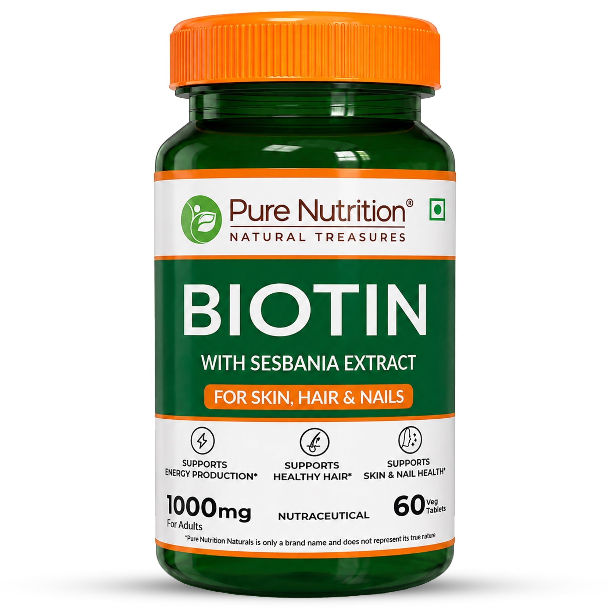 Pure Nutrition Biotin Tablet - with Sesbania, Bamboo Shoot, Moringa & Amla – Promotes Hair Growth, Glowing Skin, Strong Nails & Overall Wellness for Men & Women - 60 Tablets