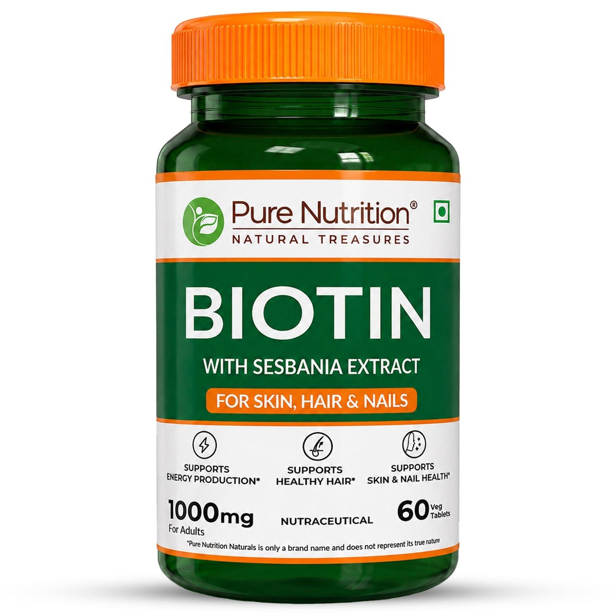 Pure Nutrition Biotin Tablet - with Sesbania, Bamboo Shoot, Moringa & Amla – Promotes Hair Growth, Glowing Skin, Strong Nails & Overall Wellness for Men & Women - 60 Tablets