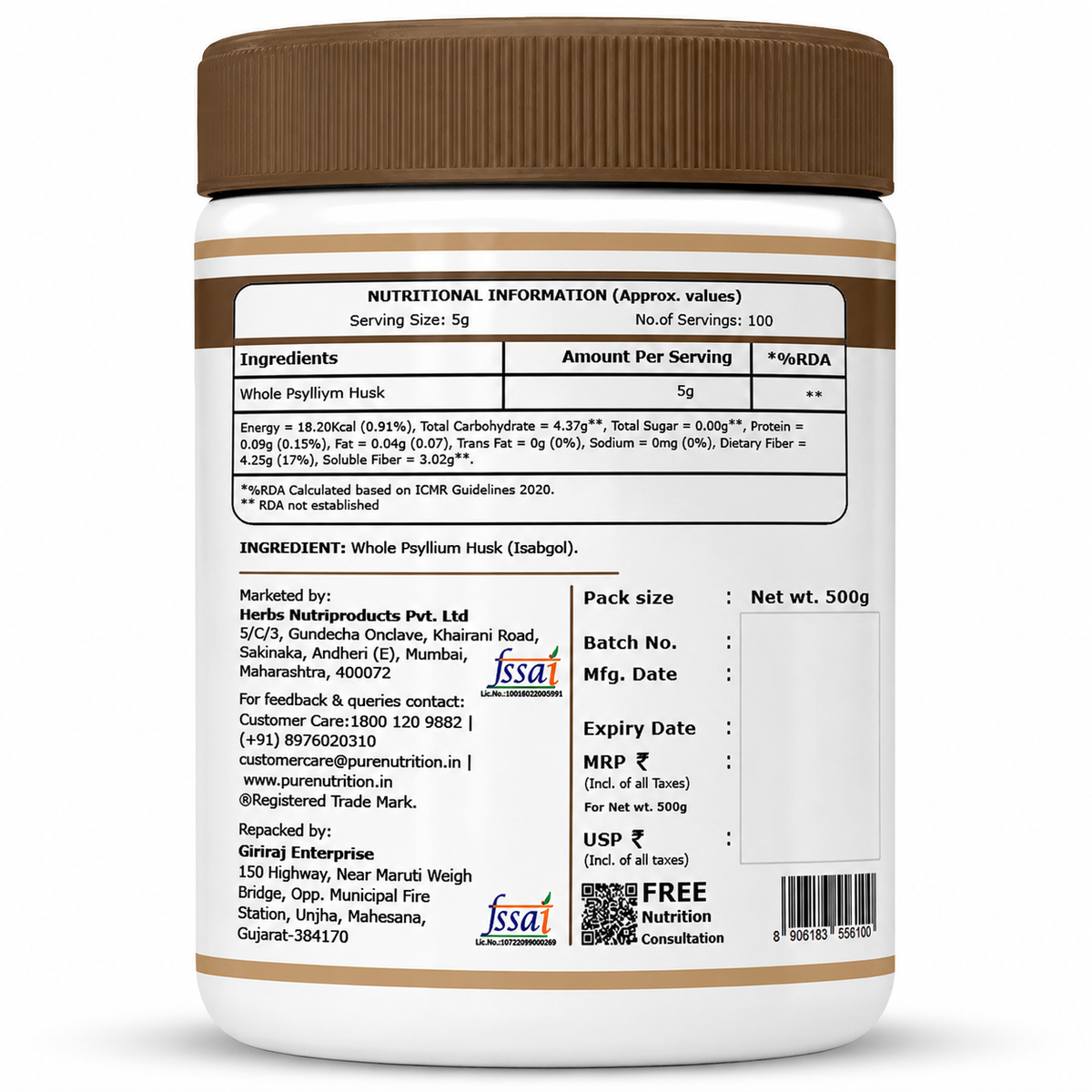 Pure Nutrition Isabgol Psyllium Husk Powder | Sat Isabgol Ki Bhusi Fiber Supplement | Supports Digestive & Gut Health | Helps Ease Irregularity & Bloating | Gluten Free, No Sugar Added - 500gm