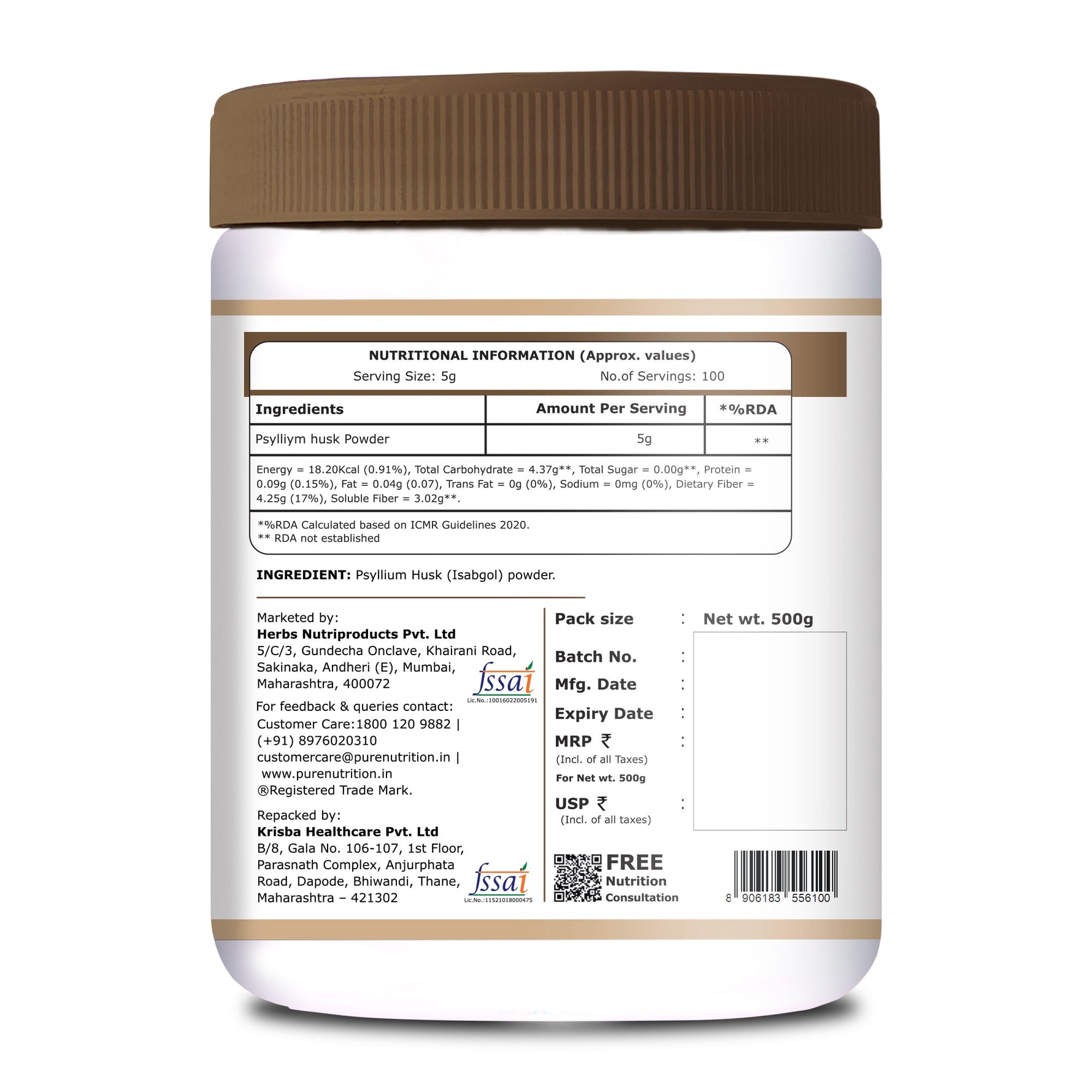 Pure Nutrition Isabgol Psyllium Husk Powder | Sat Isabgol Ki Bhusi Fiber Supplement | Supports Digestive & Gut Health | Helps Ease Irregularity & Bloating | Gluten Free, No Sugar Added - 500gm