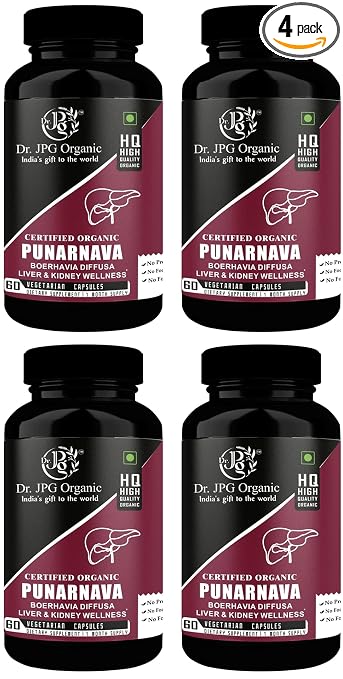 Dr. JPG Organic Punarnava Capsules | Boerhavia Diffusa | For Liver & Urinary Wellness 60 Veg.Capsules | | INDIA ORGANIC Certified. (Pack Of 4)