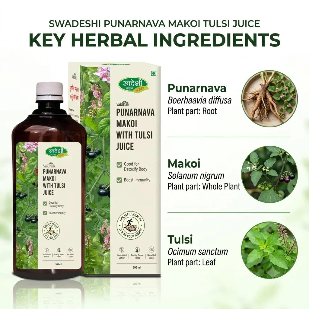 Swadeshi Ayurved Punarnava Makoi with Tulsi Juice 500 ml | Body Detox & Immunity Support.