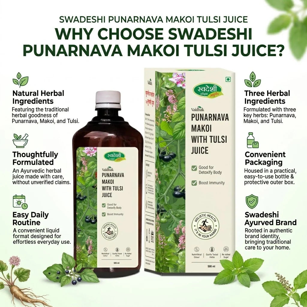 Swadeshi Ayurved Punarnava Makoi with Tulsi Juice 500 ml | Body Detox & Immunity Support.