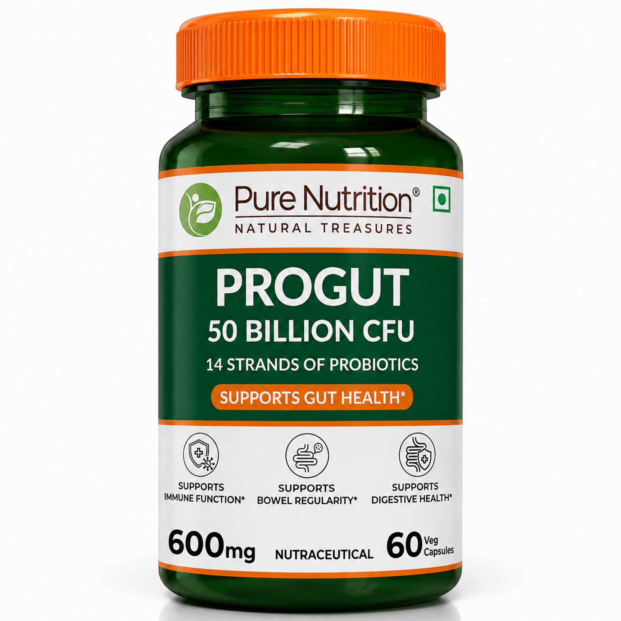Pure Nutrition Progut Probiotics 50 Billion CFU Capsule for Digestion & Gut Health | 60 Capsule