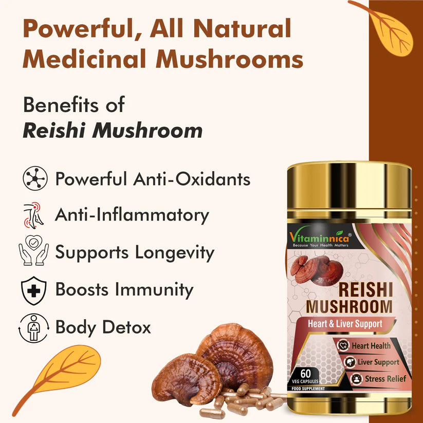 Vitaminnica Reishi Mushroom Capsules - Immune Support & Stress Relief, 60 Count