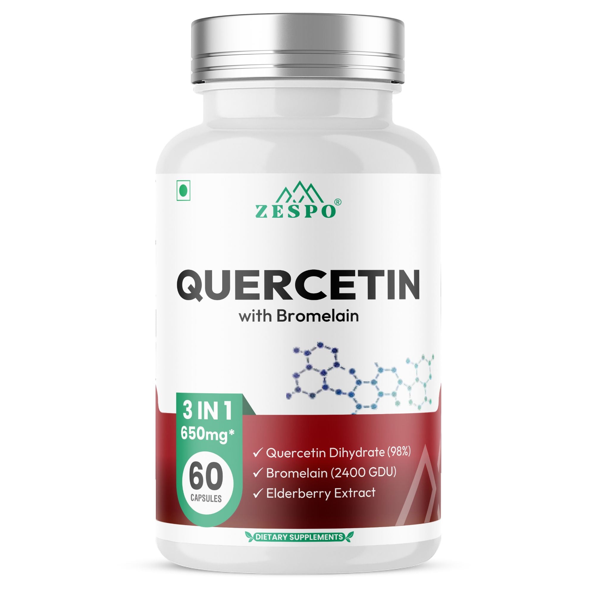 Zespo Quercetin with Bromelain & Elderberry 650 mg | Quercetin 400 mg + Bromelain 2400 GDU | Antioxidant & Immune Support | 60 Vegan Capsules