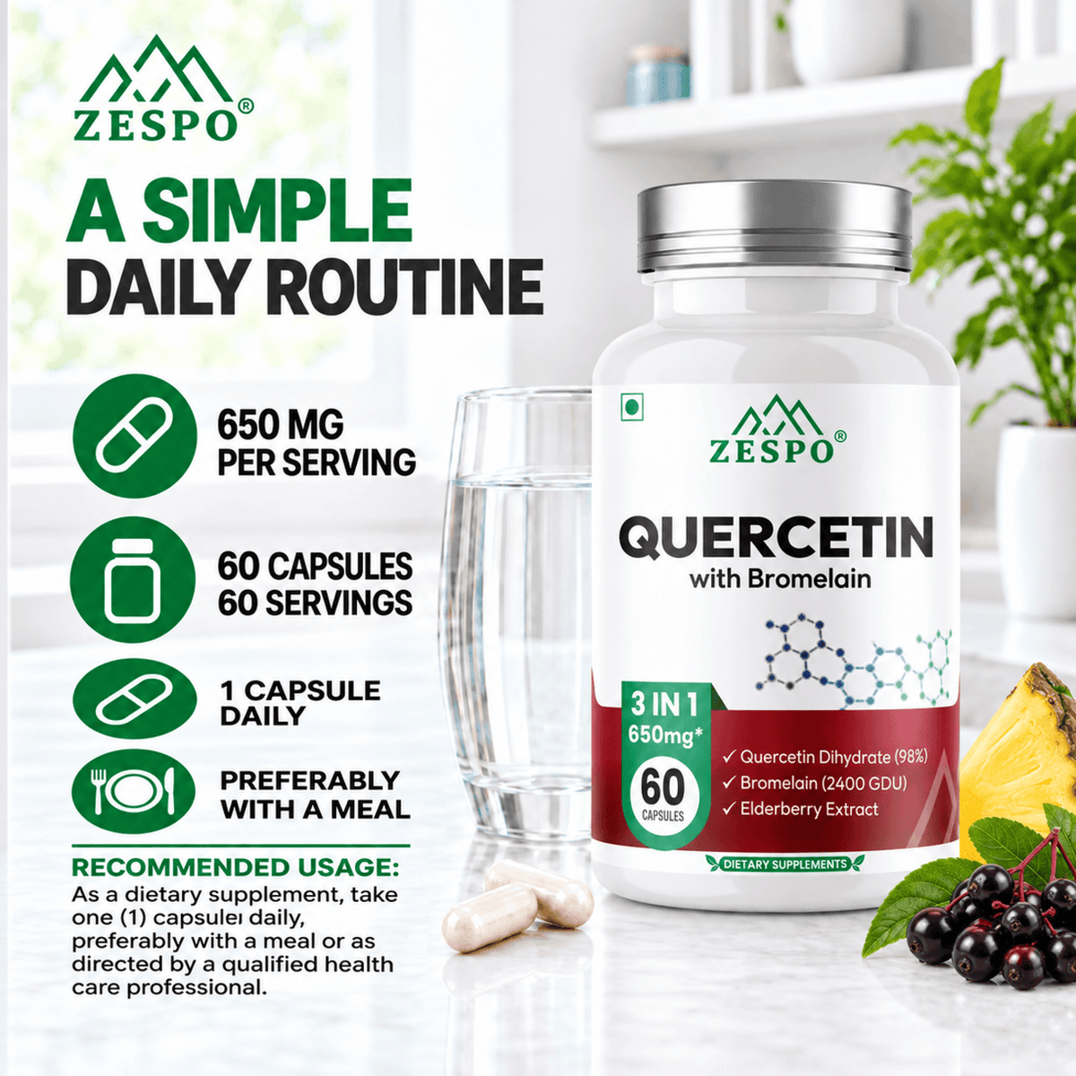 Zespo Quercetin with Bromelain & Elderberry 650 mg | Quercetin 400 mg + Bromelain 2400 GDU | Antioxidant & Immune Support | 60 Vegan Capsules