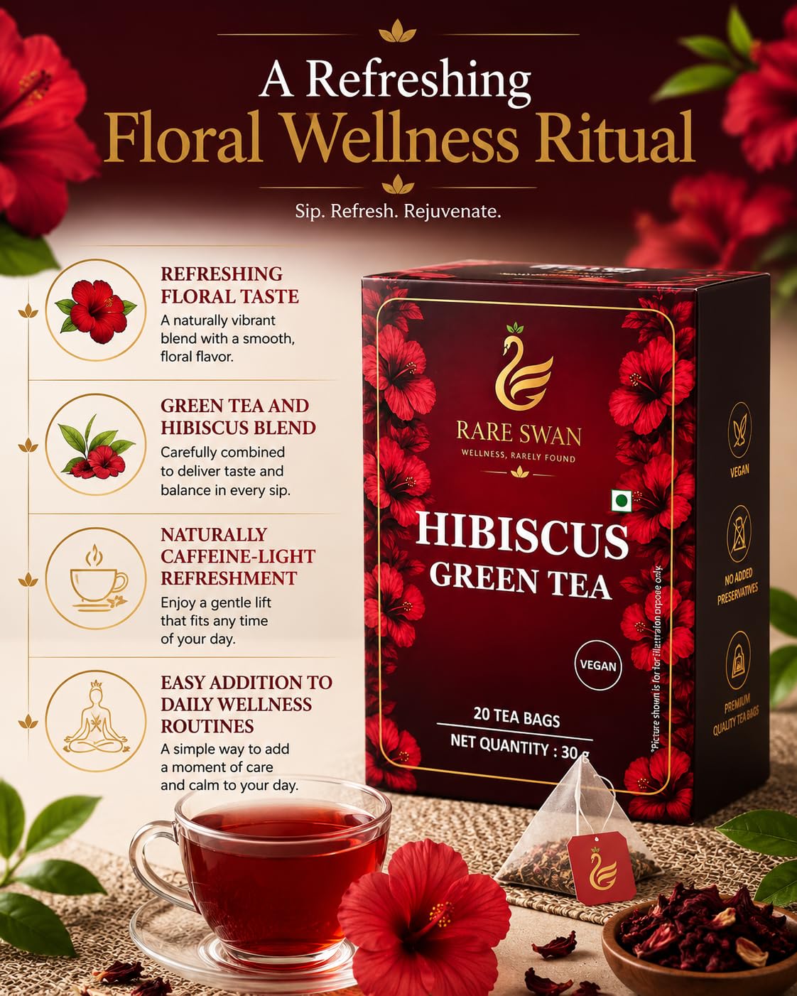 Rare Swan Hibiscus Green Tea 30g | Hibiscus Flower & Green Tea Blend | Floral & Refreshing Infusion | Vegan | No Added Preservatives