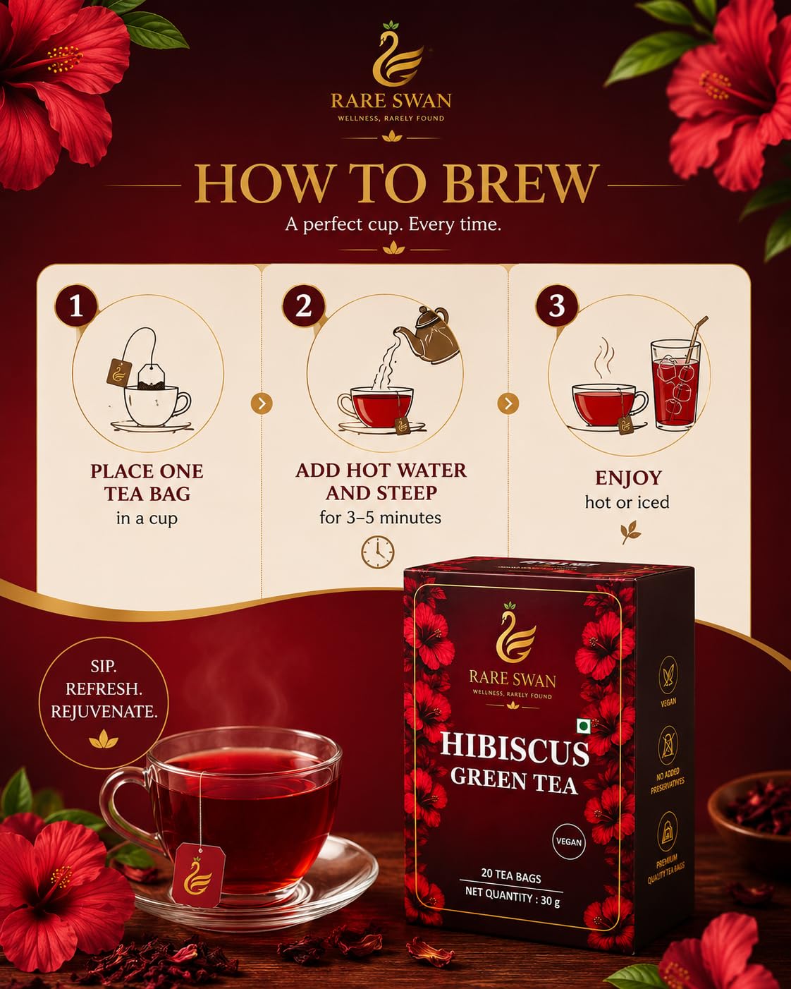 Rare Swan Hibiscus Green Tea 30g | Hibiscus Flower & Green Tea Blend | Floral & Refreshing Infusion | Vegan | No Added Preservatives