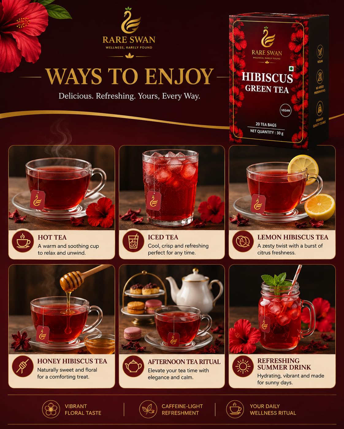 Rare Swan Hibiscus Green Tea 30g | Hibiscus Flower & Green Tea Blend | Floral & Refreshing Infusion | Vegan | No Added Preservatives