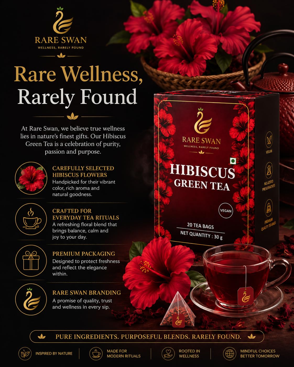 Rare Swan Hibiscus Green Tea 30g | Hibiscus Flower & Green Tea Blend | Floral & Refreshing Infusion | Vegan | No Added Preservatives