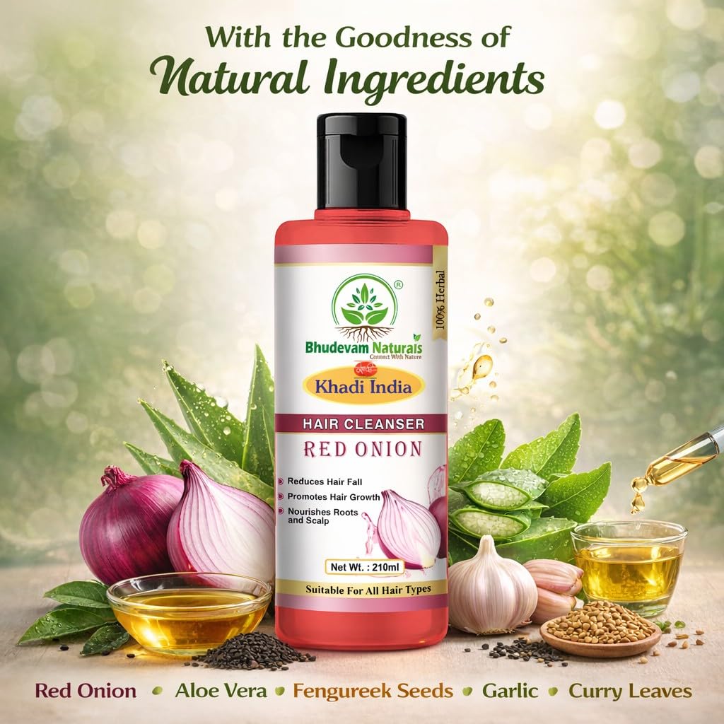 Bhudevam Naturals Khadi Red Onion Hair Shampoo – Anti-Hair Fall & Strengthening Formula- 210ML