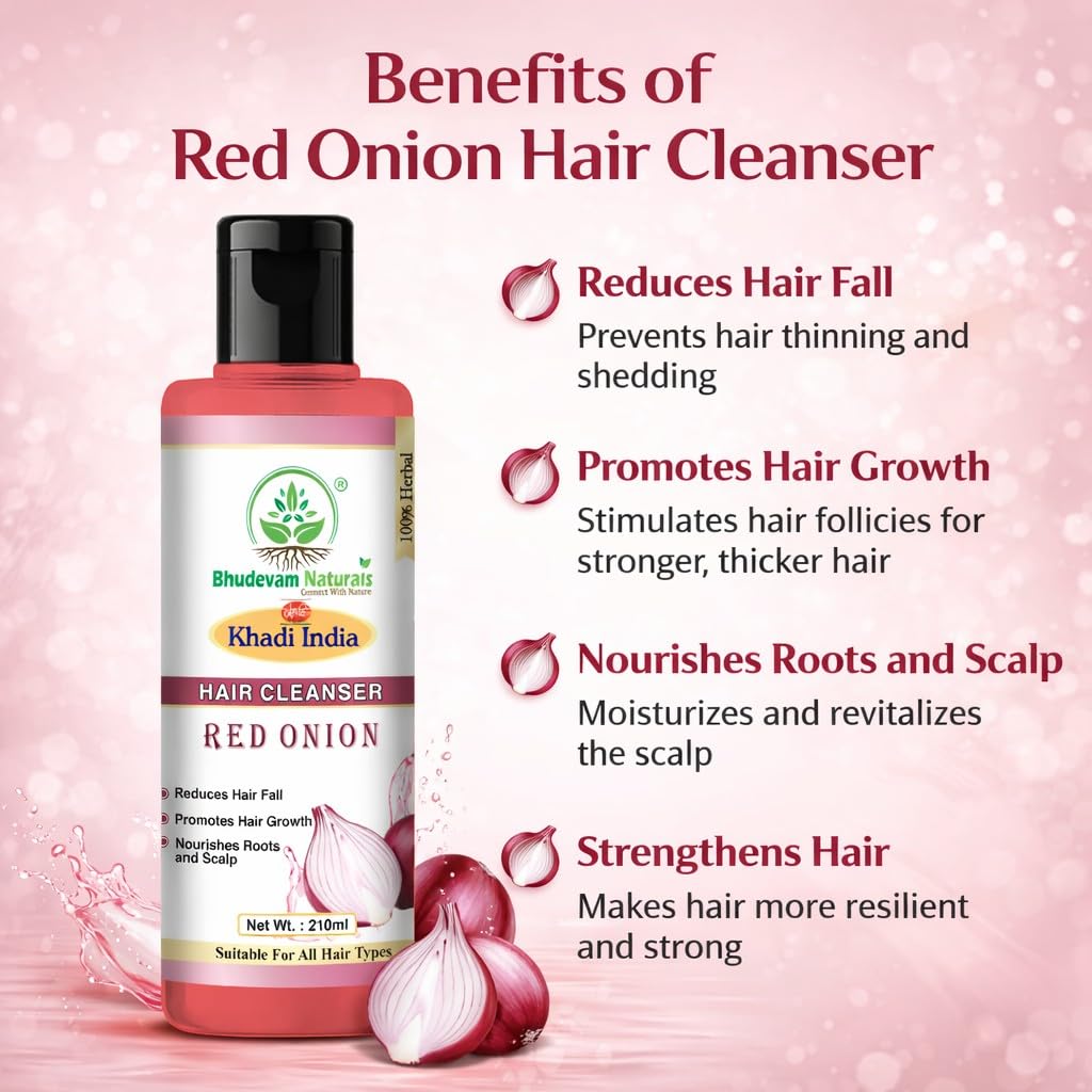 Bhudevam Naturals Khadi Red Onion Hair Shampoo – Anti-Hair Fall & Strengthening Formula- 210ML