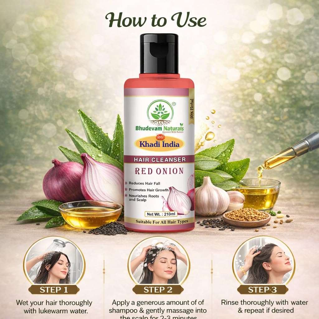 Bhudevam Naturals Khadi Red Onion Hair Shampoo – Anti-Hair Fall & Strengthening Formula- 210ML