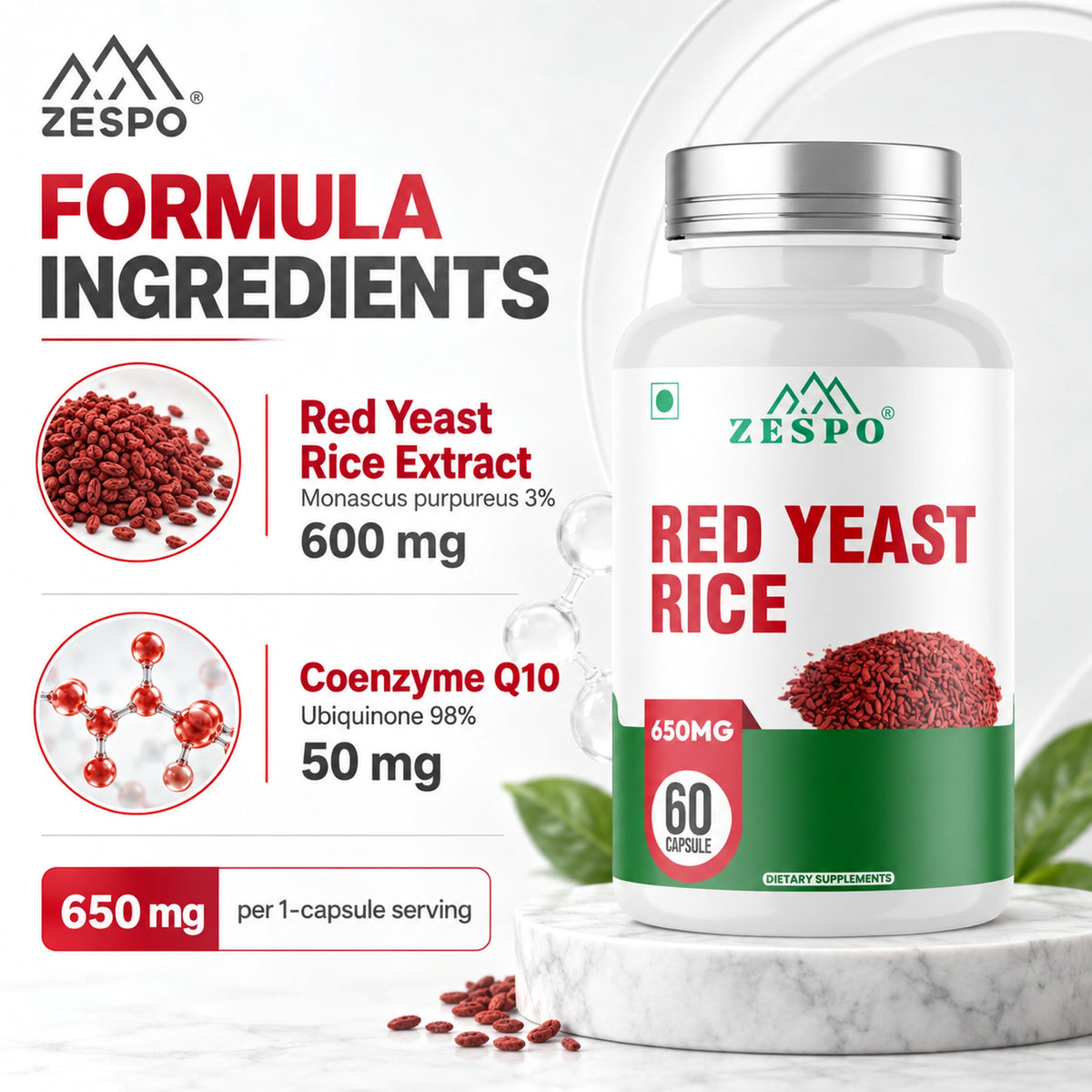 Zespo Red Yeast Rice 600 mg + CoQ10 50 mg | Heart Health & Cellular Energy Support | 1 Capsule Daily | 60 Veg Capsules