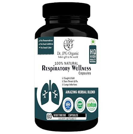 Dr. JPG Organic Respiratory Wellness 500mg, 60 Veg. Capsules For Cough & Cold. India organic certified.