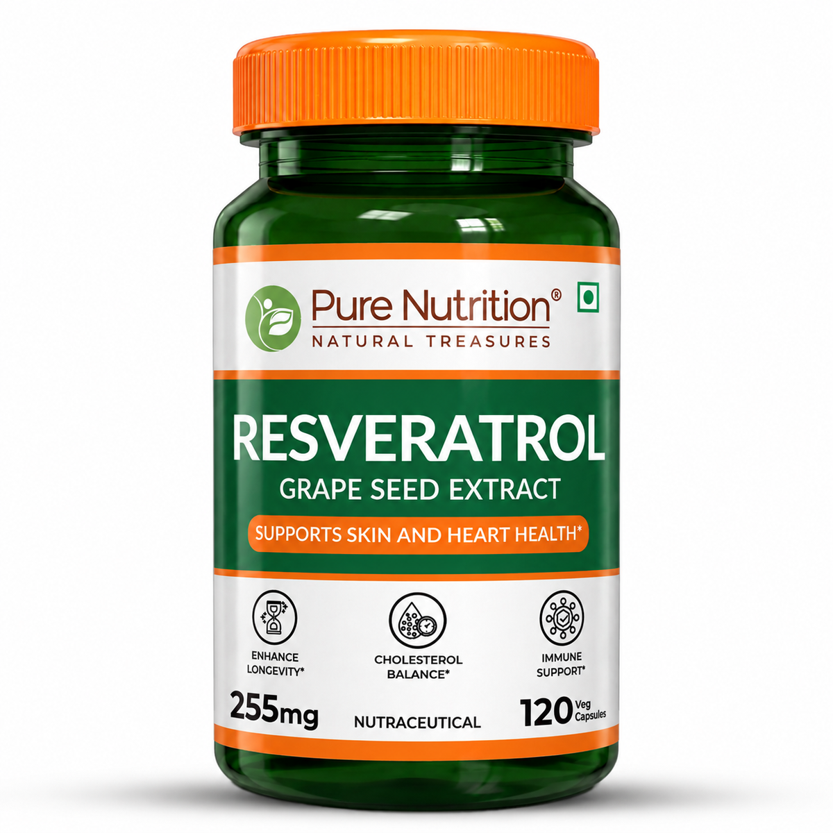 Pure Nutrition Resveratrol Capsules 255mg for Anti-Aging, Heart Health & Immunity | Powerful Antioxidant with Grape Seed Extract for Skin Radiance - 60 Capsules