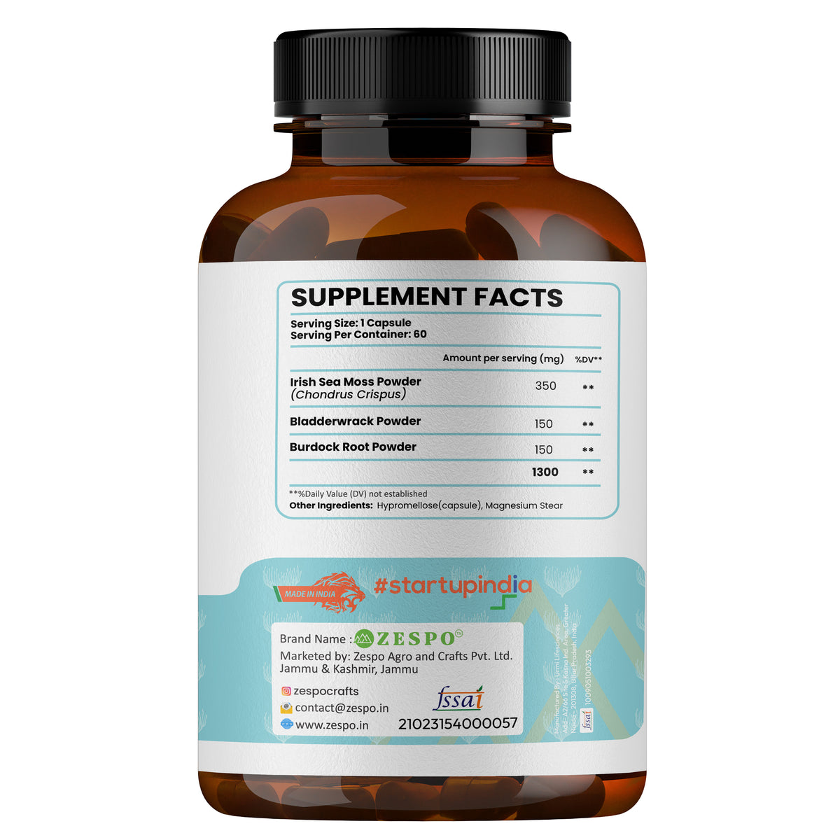 Zespo Sea Moss Complex 3 in 1 – 650 mg Per Capsule with Irish Sea Moss, Bladderwrack & Burdock Root Powder – Supports Energy, Immunity, Natural Detox – 60 Capsules