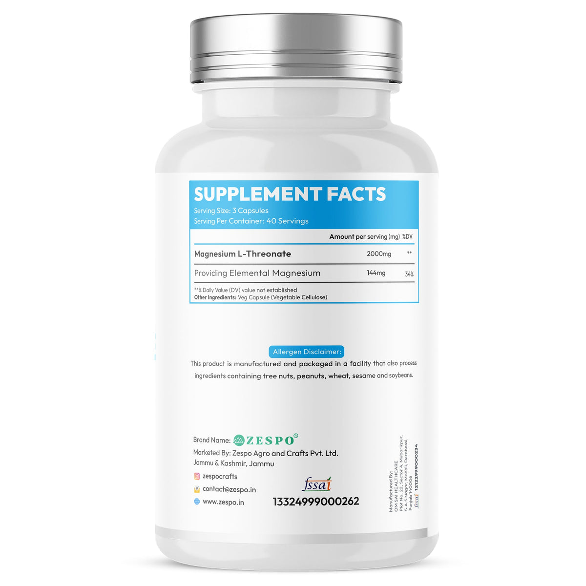 Zespo Magnesium L-Threonate – Providing 144 mg Elemental Magnesium – Supports Brain Health, Memory, Focus, Calm Mood 120 Capsules
