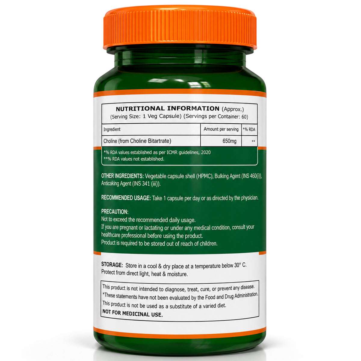 Pure Nutrition Choline Bitartrate (650mg) – 60 Veg Capsules | Supports Brain, Nerve, Liver & Heart Health | Nootropic Supplement for Cognitive Function