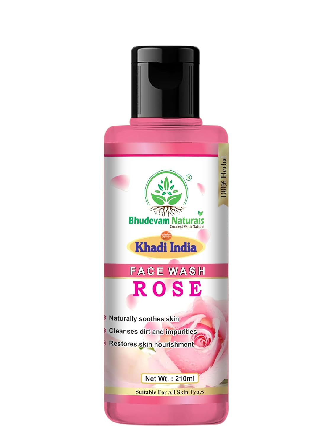 Bhudevam Naturals Khadi Rose Face Wash Gentle Herbal Face Cleanser for Soft & Glowing Skin- 210ML