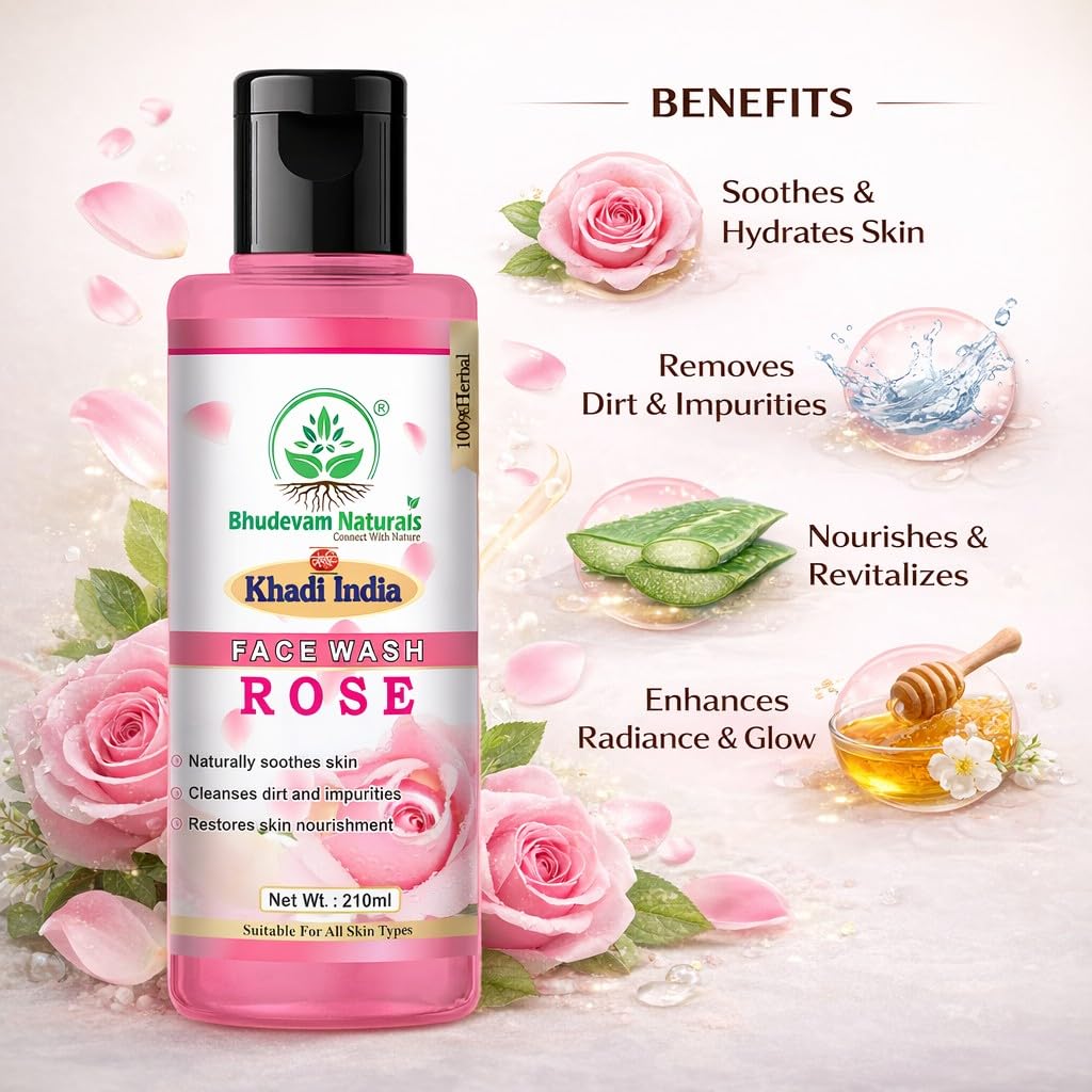 Bhudevam Naturals Khadi Rose Face Wash Gentle Herbal Face Cleanser for Soft & Glowing Skin- 210ML