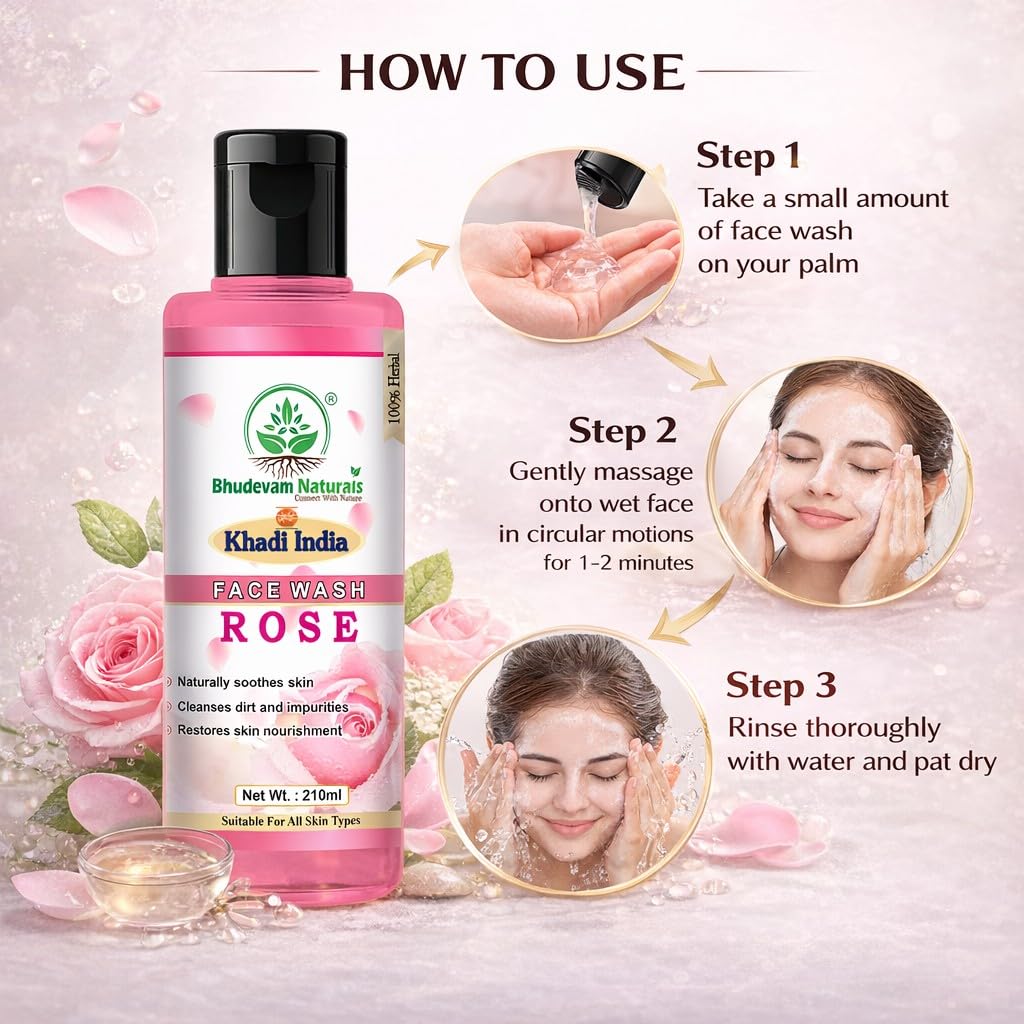 Bhudevam Naturals Khadi Rose Face Wash Gentle Herbal Face Cleanser for Soft & Glowing Skin- 210ML