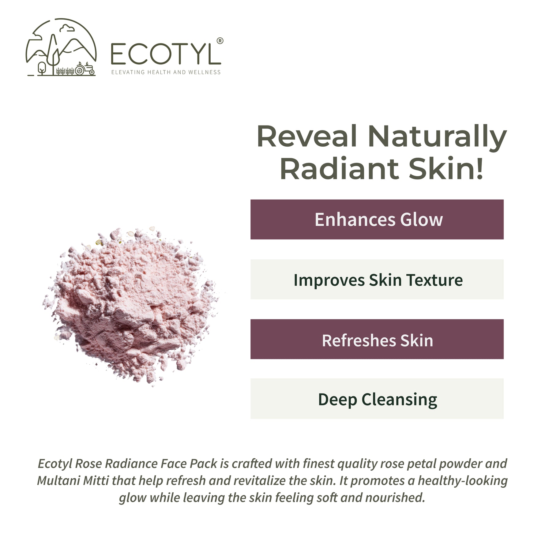 Ecotyl Rose Radiance Face Pack | Skin Glow & Brightening | 75g