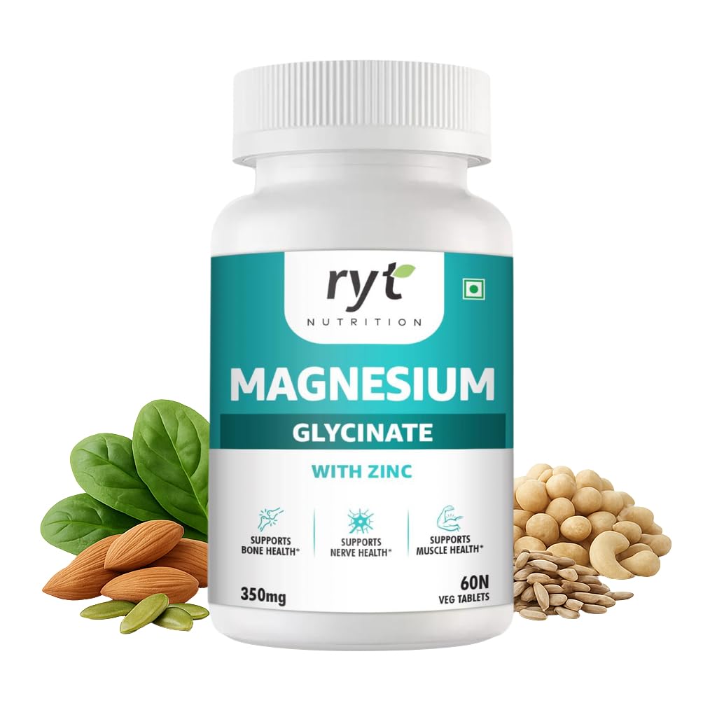 Ryt Nutrition Magnesium Glycinate with Zinc, 350mg, 60 Vegetarian Tablets, Supports Bone, Nerve and Muscle Health