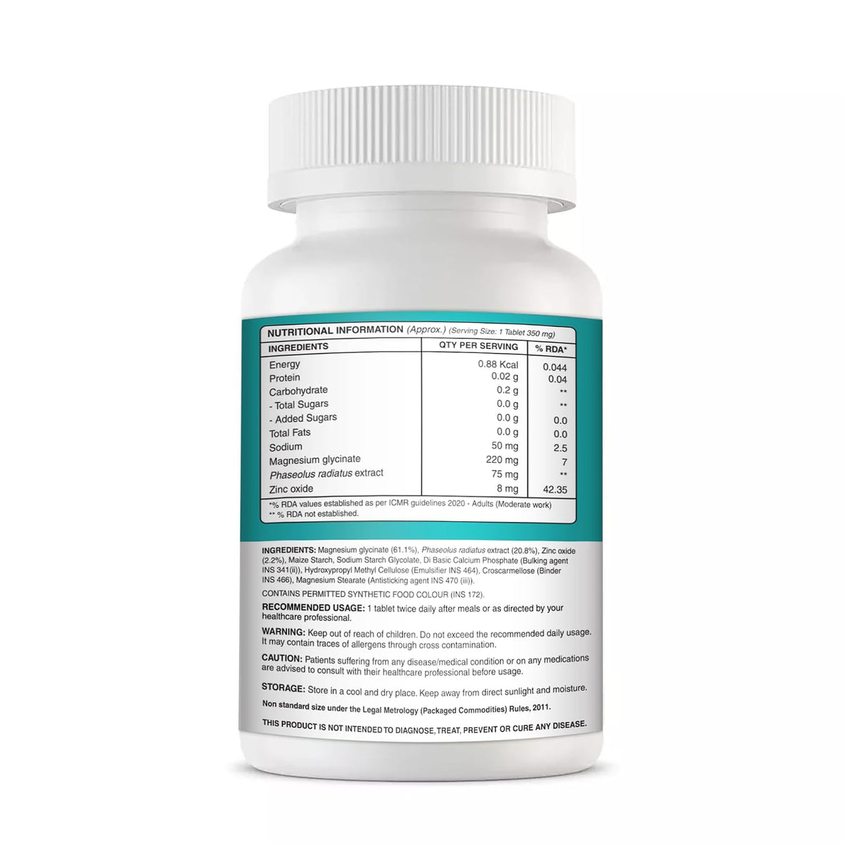 Ryt Nutrition Magnesium Glycinate with Zinc, 350mg, 60 Vegetarian Tablets, Supports Bone, Nerve and Muscle Health