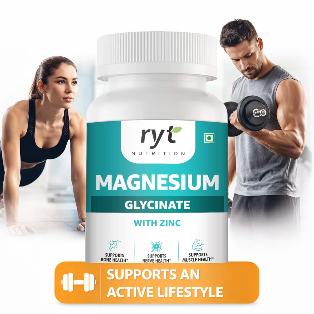 Ryt Nutrition Magnesium Glycinate with Zinc, 350mg, 60 Vegetarian Tablets, Supports Bone, Nerve and Muscle Health