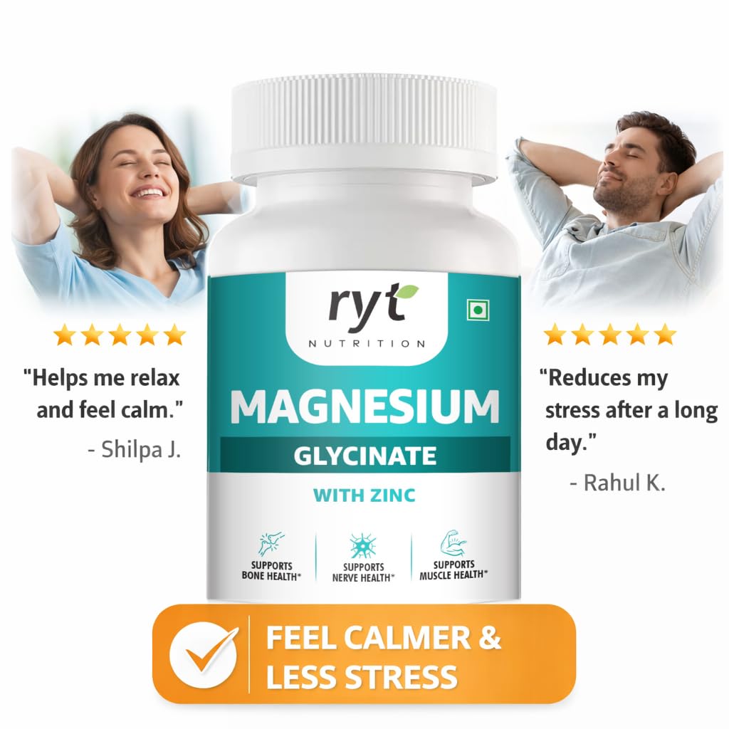 Ryt Nutrition Magnesium Glycinate with Zinc, 350mg, 60 Vegetarian Tablets, Supports Bone, Nerve and Muscle Health