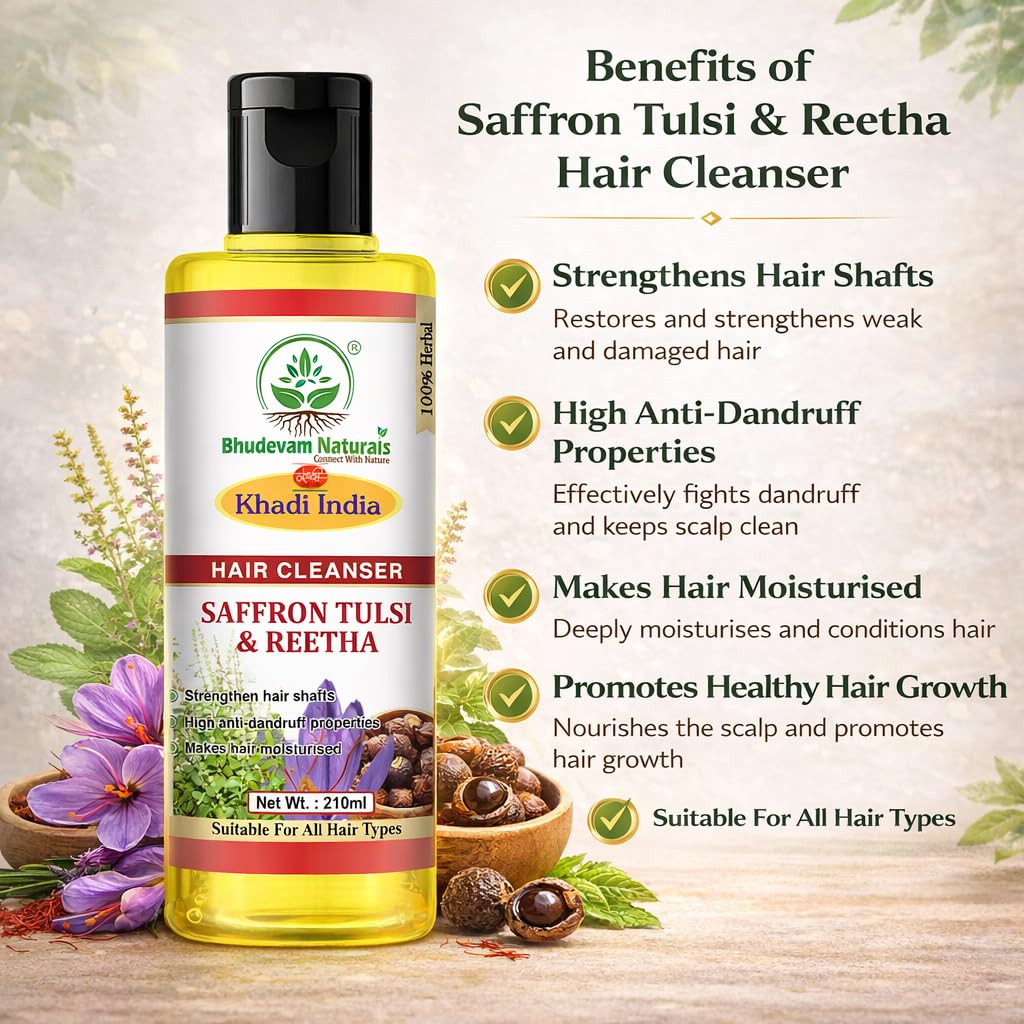 Bhudevam Naturals Khadi Saffron Tulsi & Reetha Hair Shampoo – Herbal Hair Fall Control & Scalp Care - 210ML