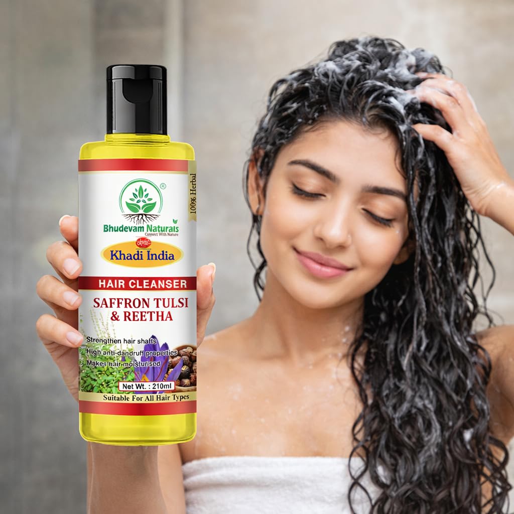 Bhudevam Naturals Khadi Saffron Tulsi & Reetha Hair Shampoo – Herbal Hair Fall Control & Scalp Care - 210ML