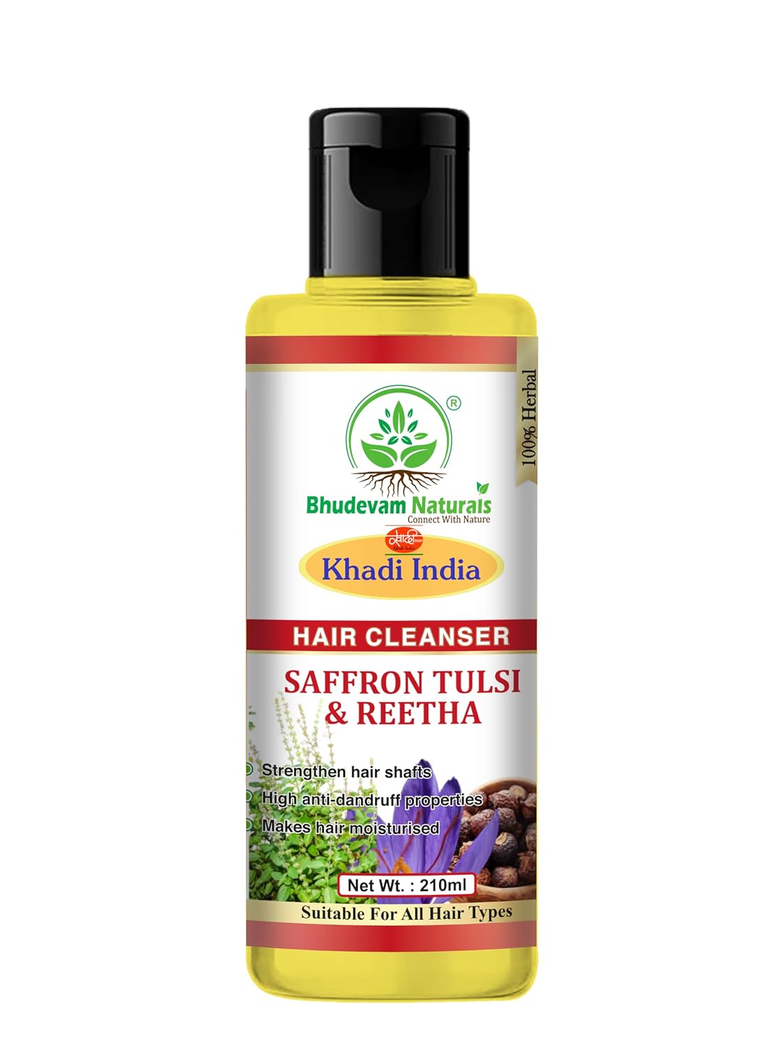 Bhudevam Naturals Khadi Saffron Tulsi & Reetha Hair Shampoo – Herbal Hair Fall Control & Scalp Care - 210ML