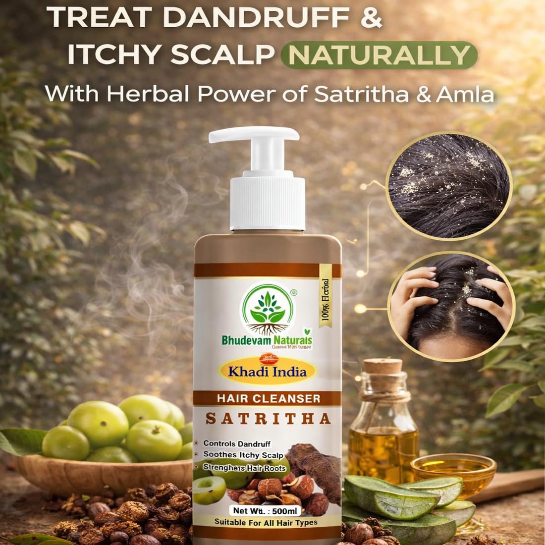 Bhudevam Naturals Khadi Satritha Hair Cleanser – Natural Care for Thick & Healthy Hair- 210ML