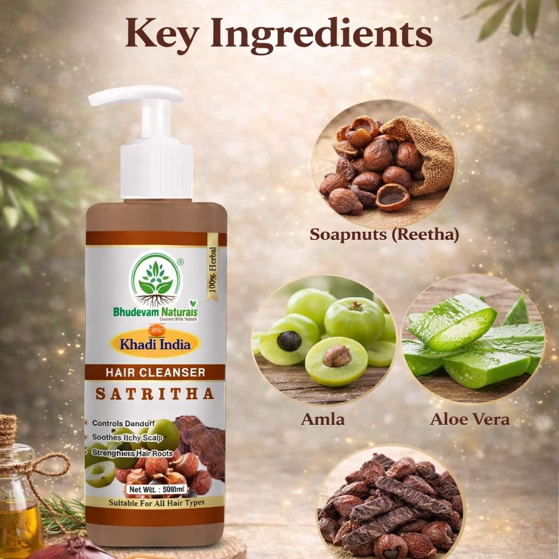 Bhudevam Naturals Khadi Satritha Hair Cleanser – Natural Care for Thick & Healthy Hair- 210ML