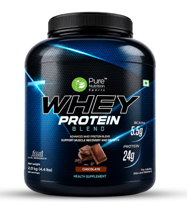 Pure Nutrition Whey Protein Blend (Isolate + Concentrate)2Kg Pouch, 58 Servings, 24g Protein, 5.5g BCAA per Serving, CHOCOLATE Flavour