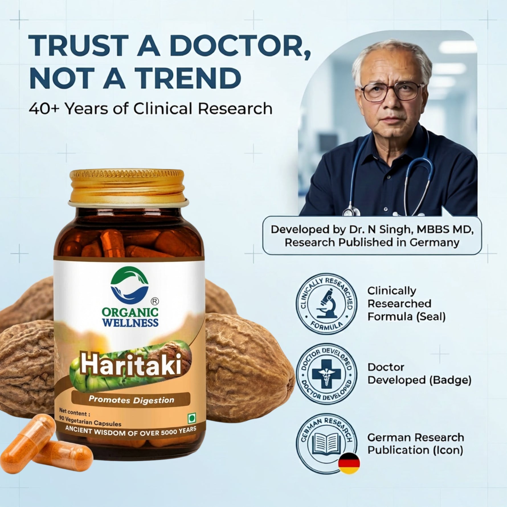 Organic Wellness Haritaki Capsules -  90 Capsules Bottle