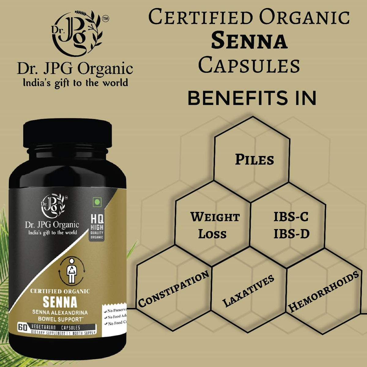 Dr. JPG Organic Senna Capsules For Bowel Support 60 Veg. Capsules 650mg | Senna Alexandrina | INDIA ORGANIC Certified. (Pack Of 1)