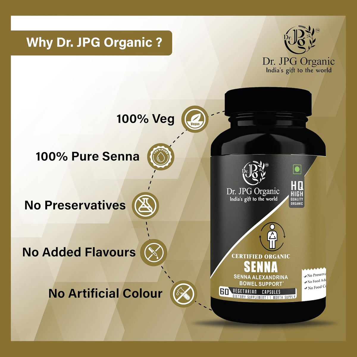 Dr. JPG Organic Senna Capsules For Bowel Support 60 Veg. Capsules 650mg | Senna Alexandrina | INDIA ORGANIC Certified. (Pack Of 1)