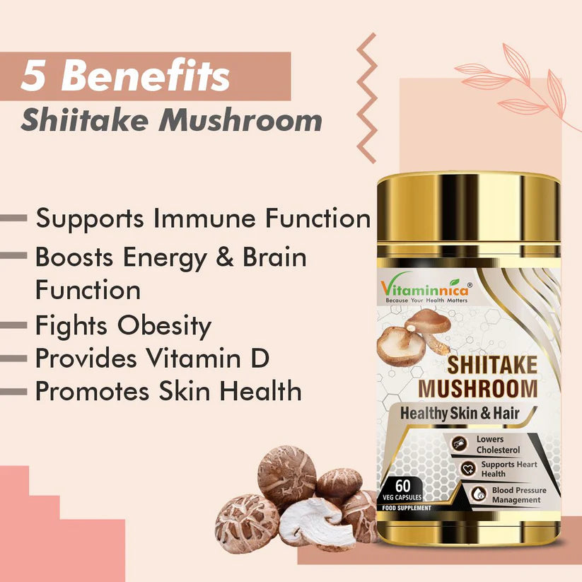 Vitaminnica Shiitake Mushroom Capsules - Immune Boost & Cardiovascular Health, 60 Count