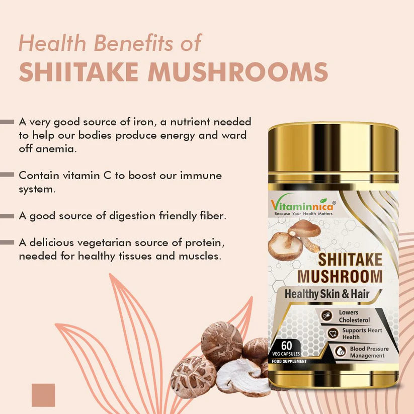 Vitaminnica Shiitake Mushroom Capsules - Immune Boost & Cardiovascular Health, 60 Count