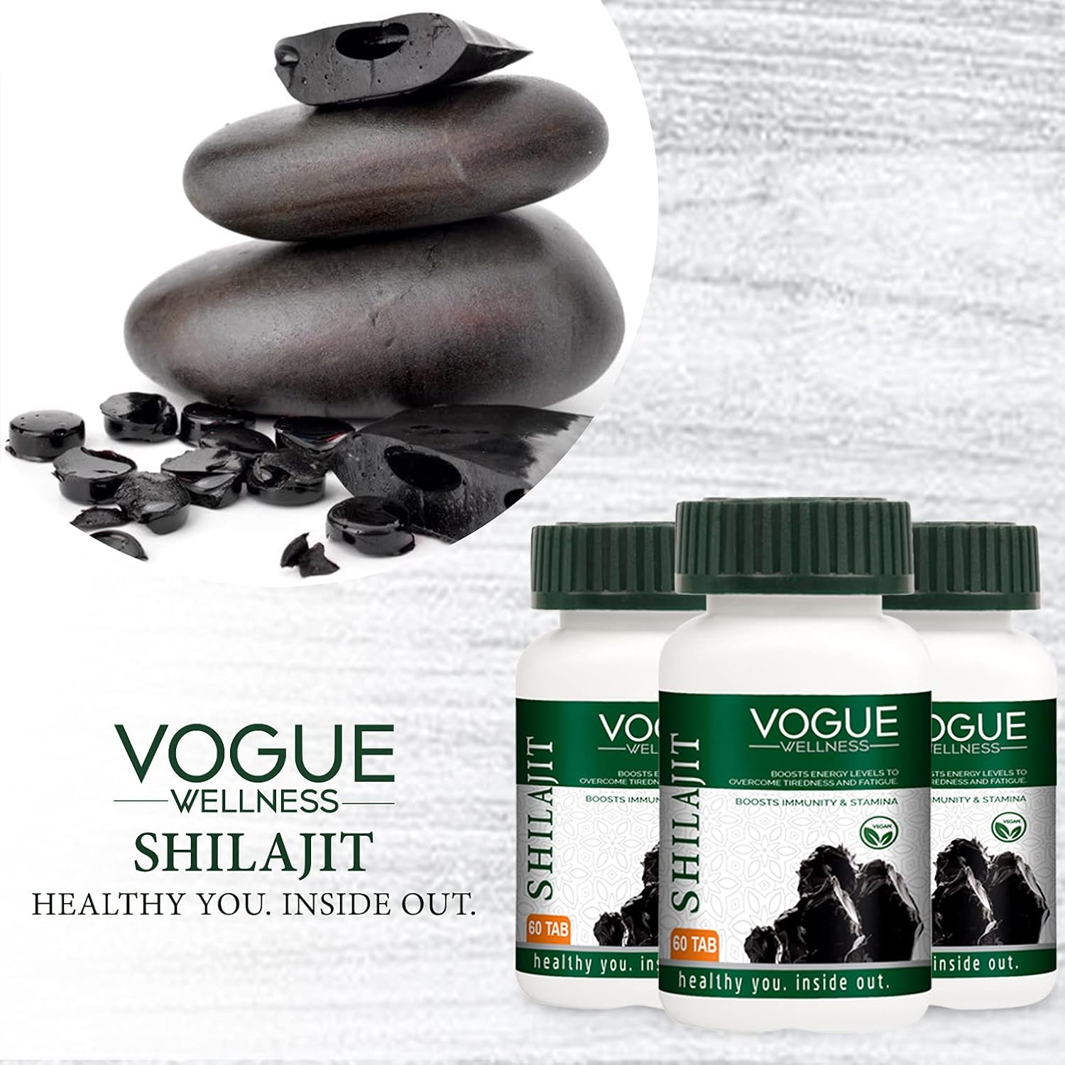 Vogue Wellness Shilajit Tablets | Himalayan Shilajit Extract | Ayurvedic Herbal Supplement for Energy, Stamina, Strength & Overall Vitality | 60 Vegetarian Tablets