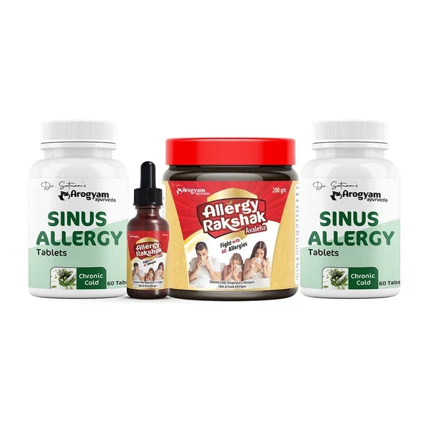 Arogyam Sinus Care Combo Pack (Sinus Allergy 60 Tablets x 2 + Allergy Rakshak Avaleha 200g + Allergy Rakshak Ghee Nasal Drops 30ml)