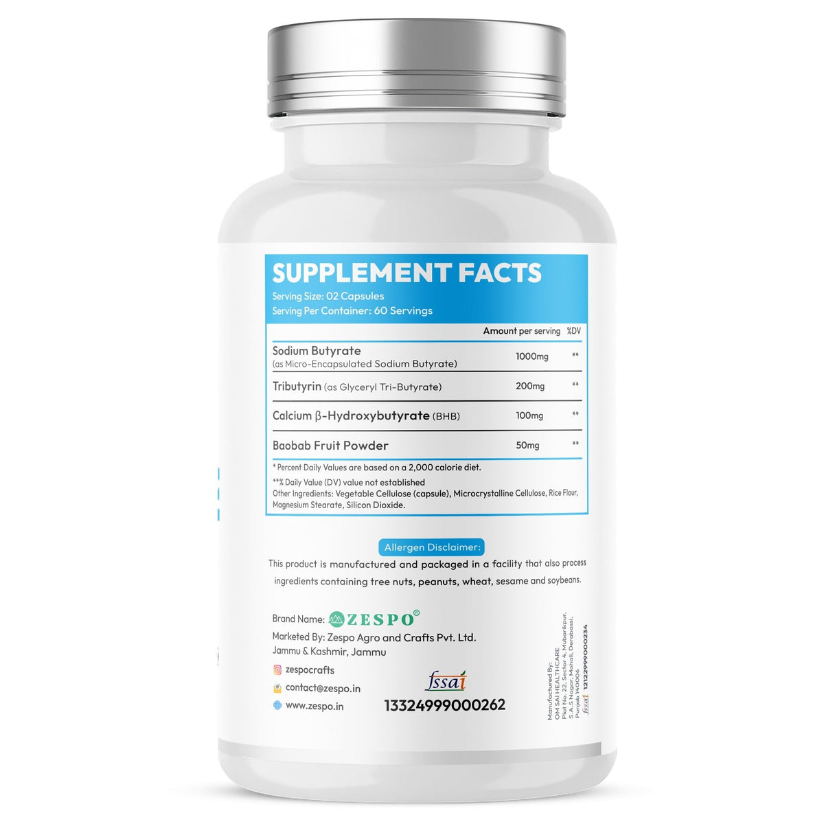 Zespo Sodium Butyrate Advanced Complex 1,350 mg | with Tributyrin, Calcium BHB & Baobab | Gut Health & Digestive Support | 120 Veg Capsules