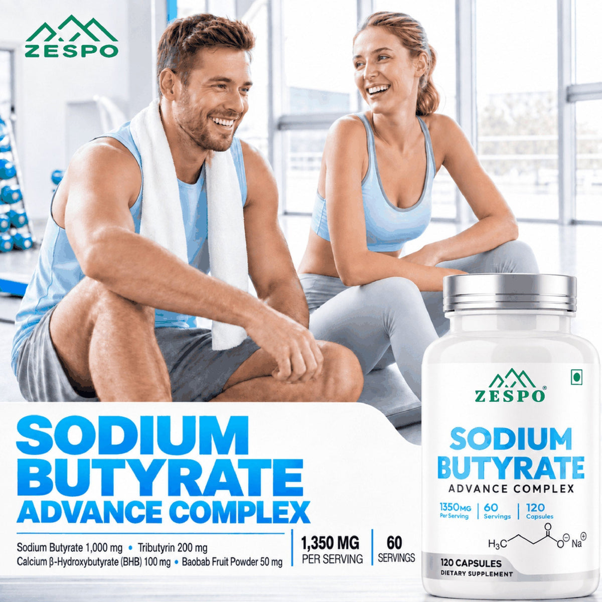 Zespo Sodium Butyrate Advanced Complex 1,350 mg | with Tributyrin, Calcium BHB & Baobab | Gut Health & Digestive Support | 120 Veg Capsules