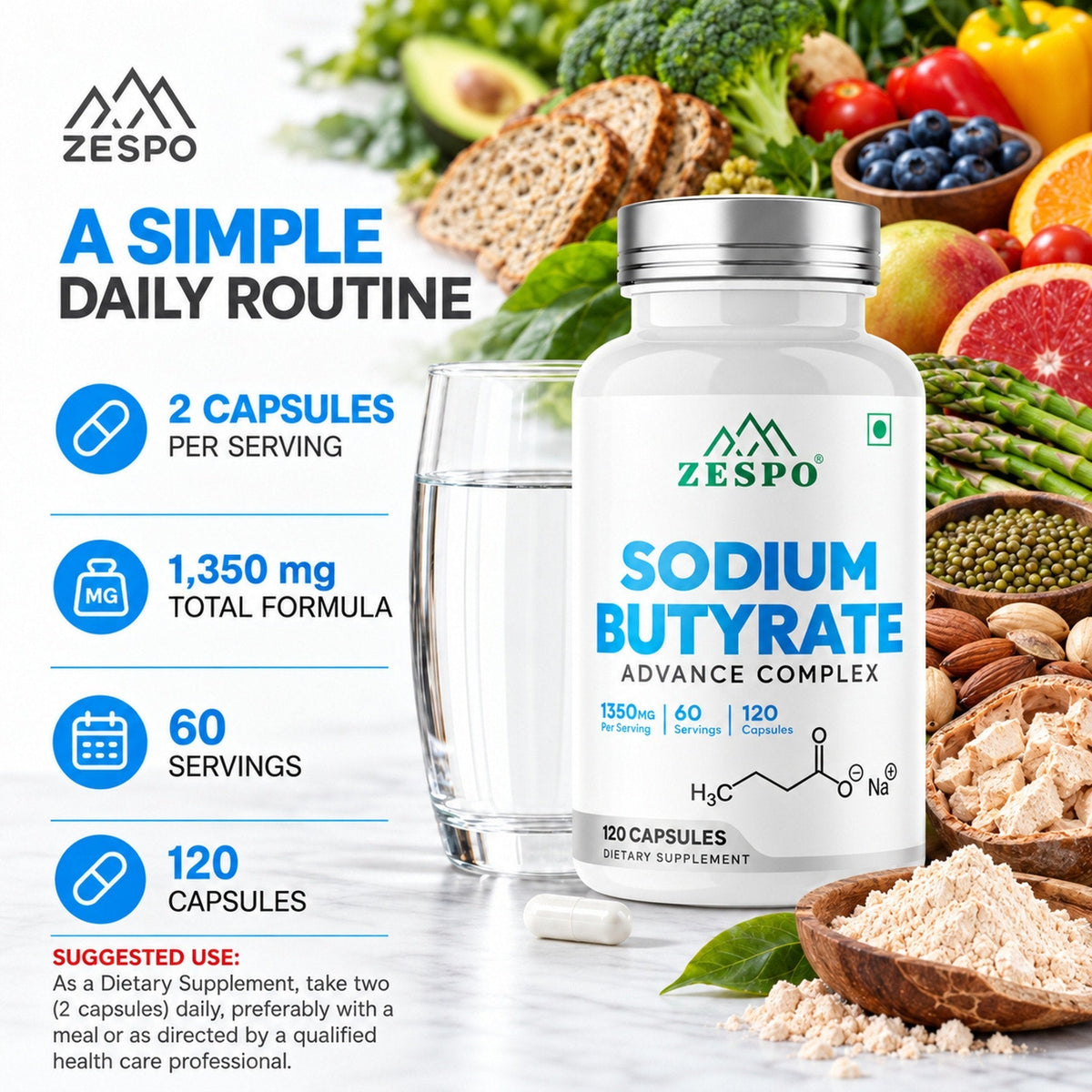 Zespo Sodium Butyrate Advanced Complex 1,350 mg | with Tributyrin, Calcium BHB & Baobab | Gut Health & Digestive Support | 120 Veg Capsules