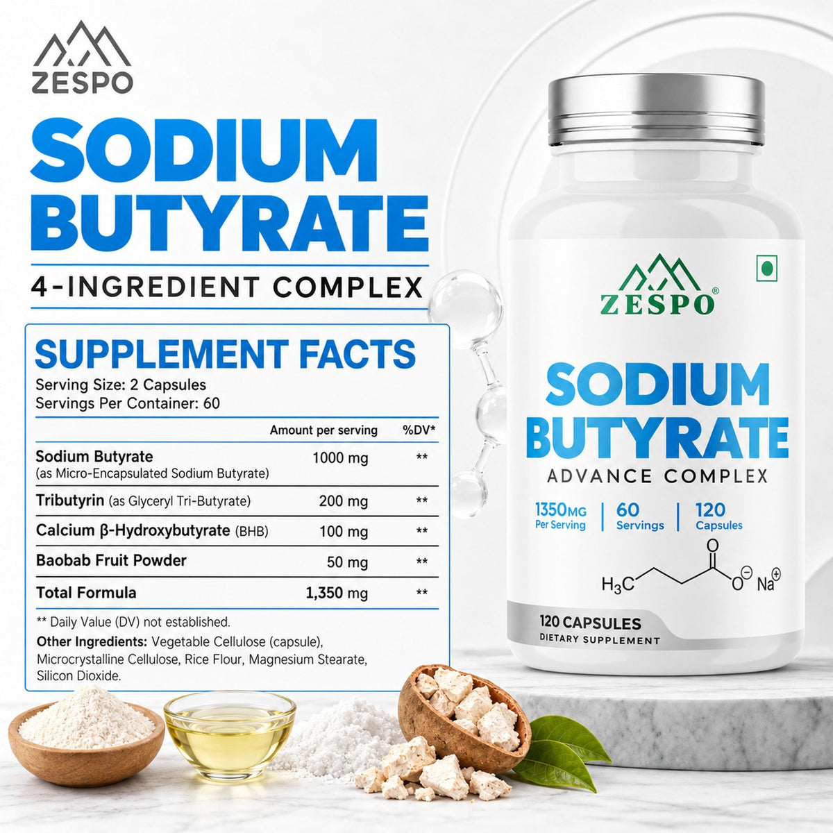 Zespo Sodium Butyrate Advanced Complex 1,350 mg | with Tributyrin, Calcium BHB & Baobab | Gut Health & Digestive Support | 120 Veg Capsules